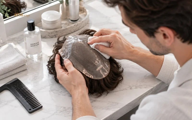 Man cleaning the adhesive residue from a toupee base at home Man cleaning the adhesive residue from a toupee base at home