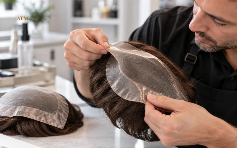 Hair specialist inspecting the durability of a lace and skin toupee base Hair specialist inspecting the durability of a lace and skin toupee base