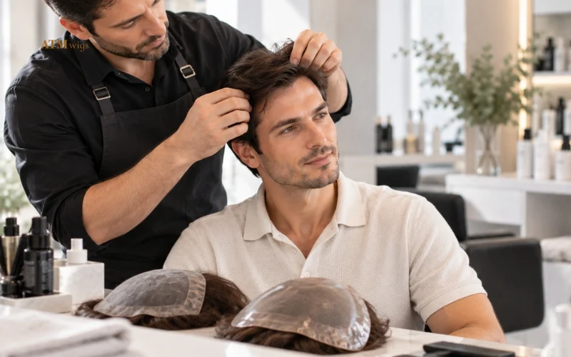 Man choosing the right lace or skin toupee with a professional stylist Man choosing the right lace or skin toupee with a professional stylist