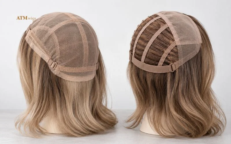 Hair specialist comparing full hand tied and partial hand tied wig constructions Hair specialist comparing full hand tied and partial hand tied wig constructions