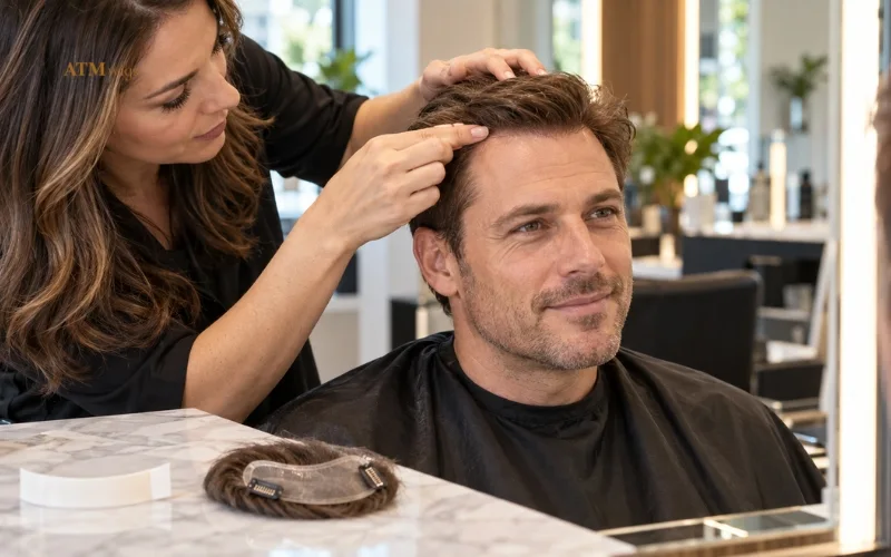 Stylist checking a securely bonded toupee hairline with tape and clip-on attachment samples nearby Stylist checking a securely bonded toupee hairline with tape and clip-on attachment samples nearby