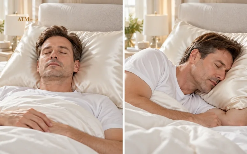 Comparison of back sleeping and side sleeping positions showing how a toupee contacts the pillow Comparison of back sleeping and side sleeping positions showing how a toupee contacts the pillow