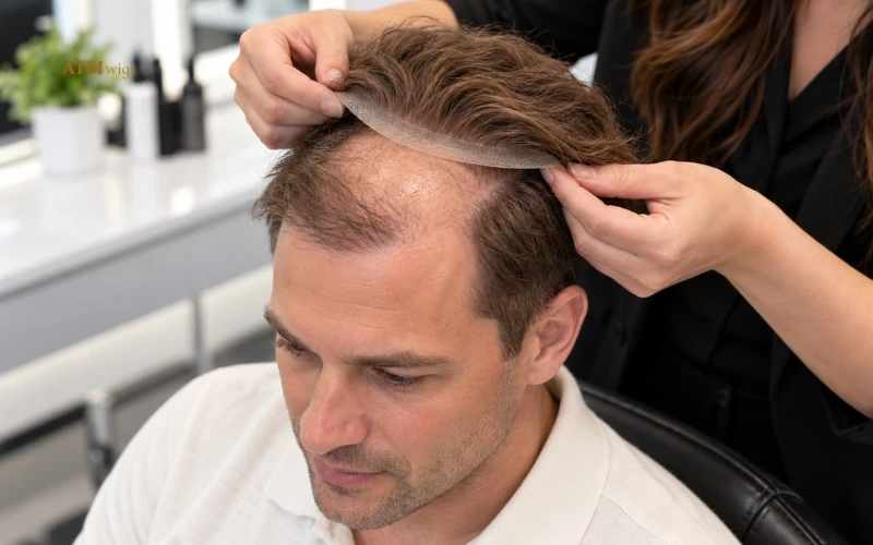 Step-by-step toupee attachment showing a stylist positioning the hair system along the natural hairline Step-by-step toupee attachment showing a stylist positioning the hair system along the natural hairline