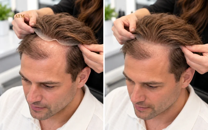 Incorrect and correct toupee placement showing the difference in base alignment and hairline fit Incorrect and correct toupee placement showing the difference in base alignment and hairline fit