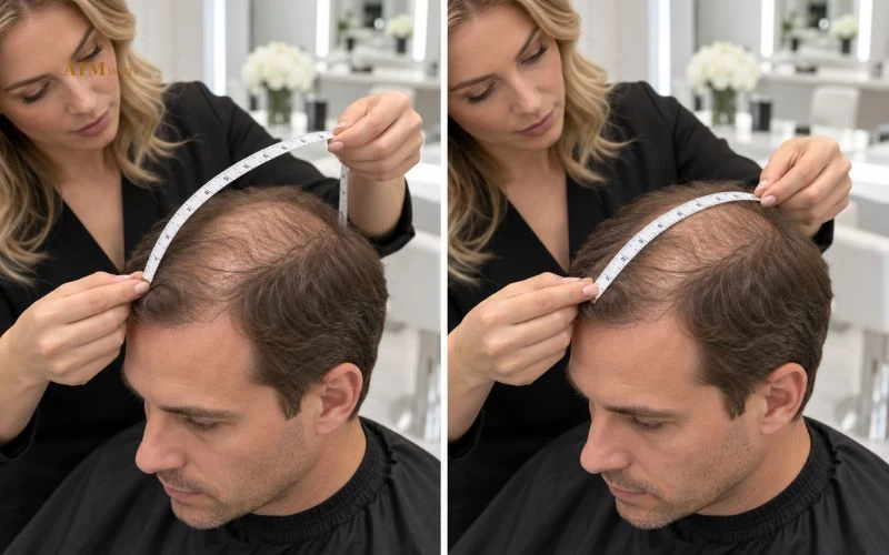 Incorrect and correct toupee measurement techniques showing proper measuring tape placement Incorrect and correct toupee measurement techniques showing proper measuring tape placement