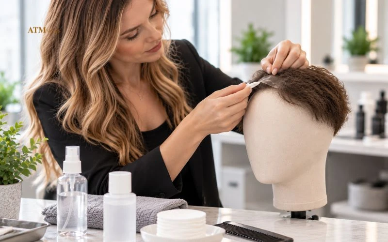Hair specialist gently removing a toupee from a mannequin head Hair specialist gently removing a toupee from a mannequin head
