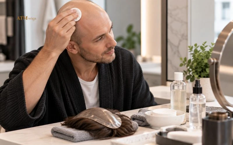 Man gently cleaning adhesive residue from his scalp after toupee removal Man gently cleaning adhesive residue from his scalp after toupee removal