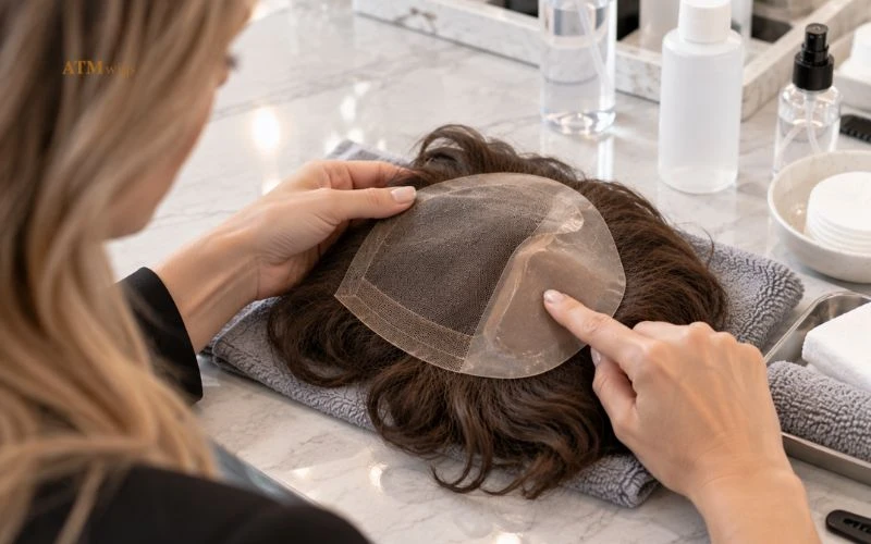 Hair specialist examining different toupee base materials Hair specialist examining different toupee base materials