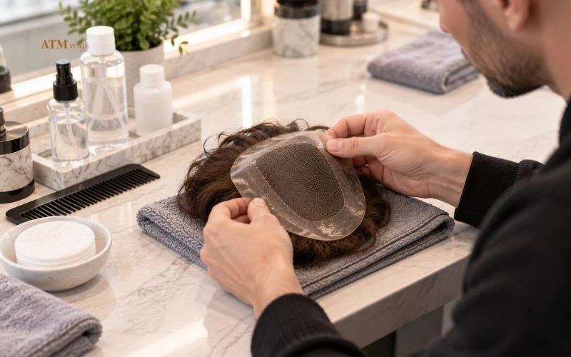 Checking a toupee base after adhesive removal and cleaning Checking a toupee base after adhesive removal and cleaning