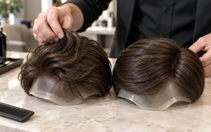 Human hair and synthetic toupee samples displayed side by side to illustrate their different hair fibers Human hair and synthetic toupee samples displayed side by side to illustrate their different hair fibers