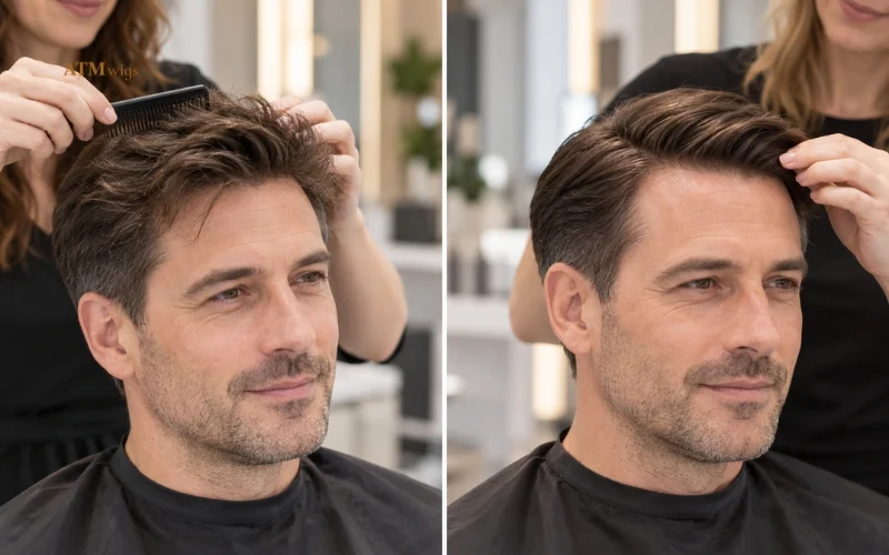 Stylist demonstrating styling flexibility and appearance differences between human hair and synthetic toupees Stylist demonstrating styling flexibility and appearance differences between human hair and synthetic toupees